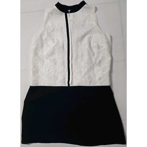 LOFT Black White Sleeveless Shift Dress Petite Small Lace Floral Overlay - Picture 2 of 7